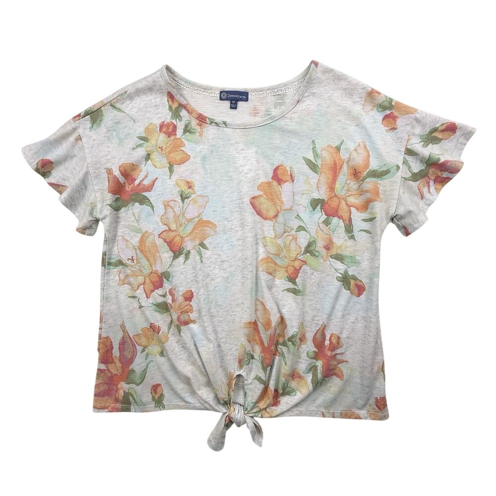 Democracy Top Flutter Sleeve White Orange Floral Beachy Tie Waist Womens Large - Picture 2 of 7